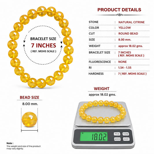 Natural Citrine Bracelet for Men & Women | Certified 8mm Round Beads | Original Yellow Citrine Crystal Stone | Stretch Healing Bracelet for Wealth, Prosperity & Positive Energy