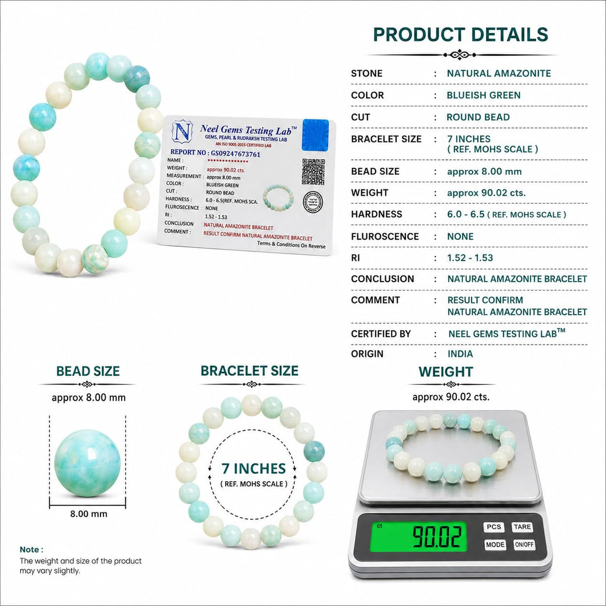 Dharmastu Natural Amazonite Bracelet for Women & Men | 8mm Certified Natural Gemstone Crystal Beads | Healing Crystal Bracelet for Peace, Good Luck, Prosperity, Focus, Meditation & Daily Wear (Color : Green)